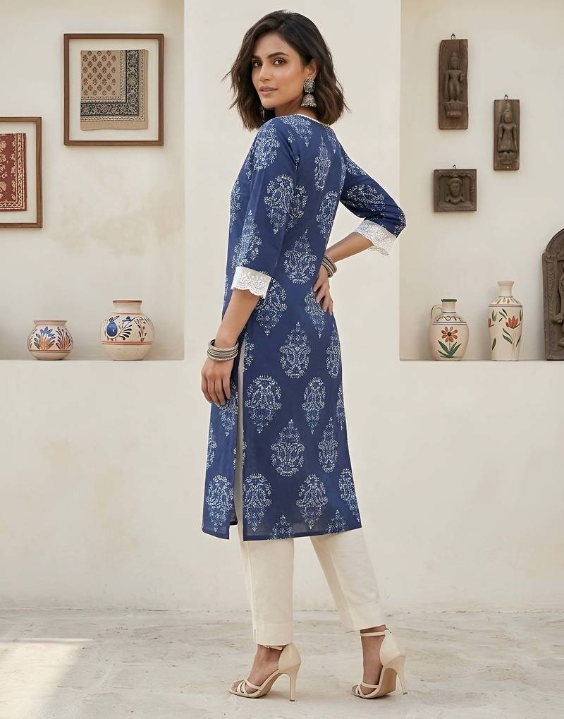 Blue  pure cotton printed kurti for women