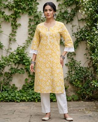 Yellow  pure cotton printed kurti for women 1