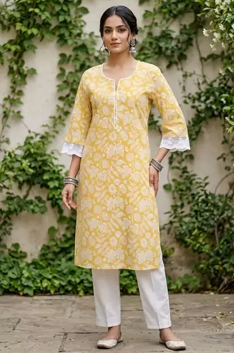 Yellow  pure cotton printed kurti for women