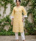 Yellow  pure cotton printed kurti for women