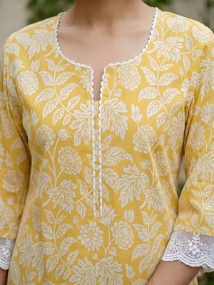 Yellow  pure cotton printed kurti for women 2