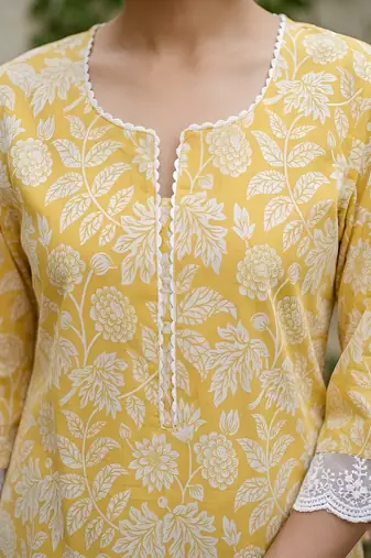 Yellow  pure cotton printed kurti for women