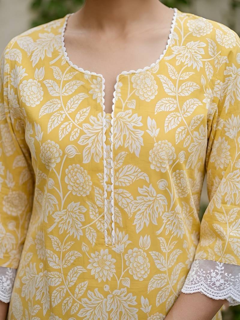 Yellow  pure cotton printed kurti for women