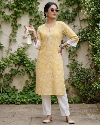 Yellow  pure cotton printed kurti for women 3