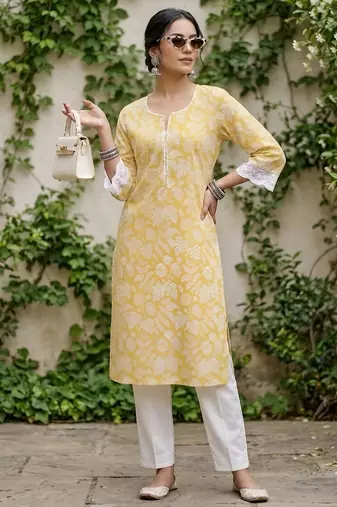 Yellow  pure cotton printed kurti for women