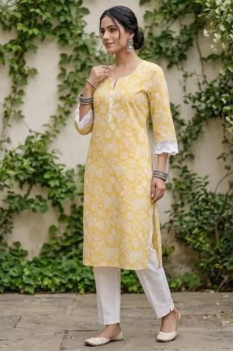 Yellow  pure cotton printed kurti for women