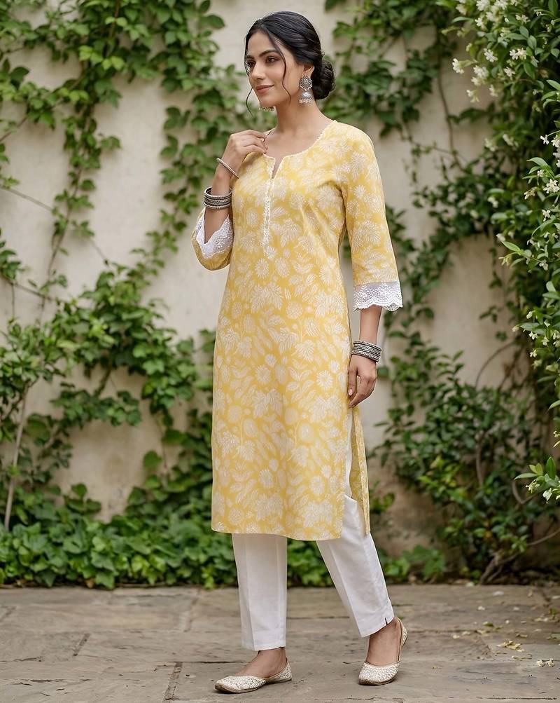 Yellow  pure cotton printed kurti for women