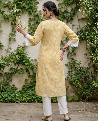 Yellow  pure cotton printed kurti for women 5