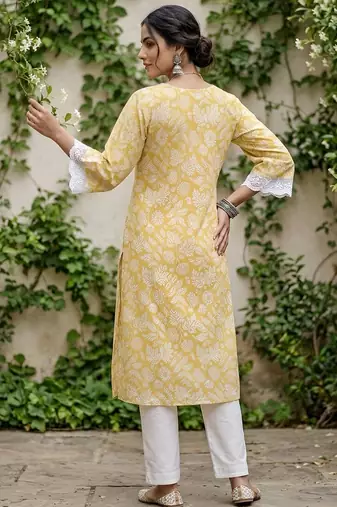 Yellow  pure cotton printed kurti for women