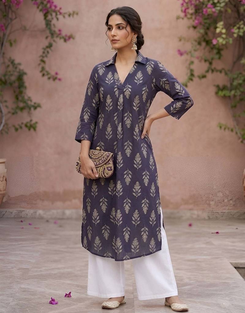 Purple  pure cotton printed kurti for women