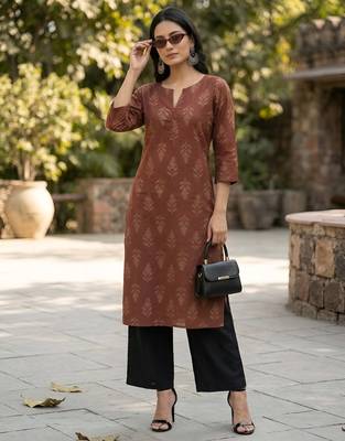 Brown  pure cotton printed kurti for women 1