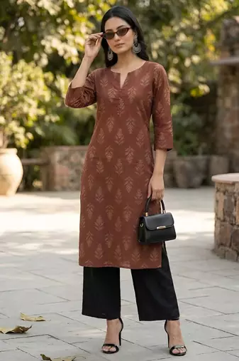 Brown  pure cotton printed kurti for women
