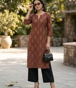 Brown  pure cotton printed kurti for women