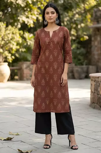 Brown  pure cotton printed kurti for women