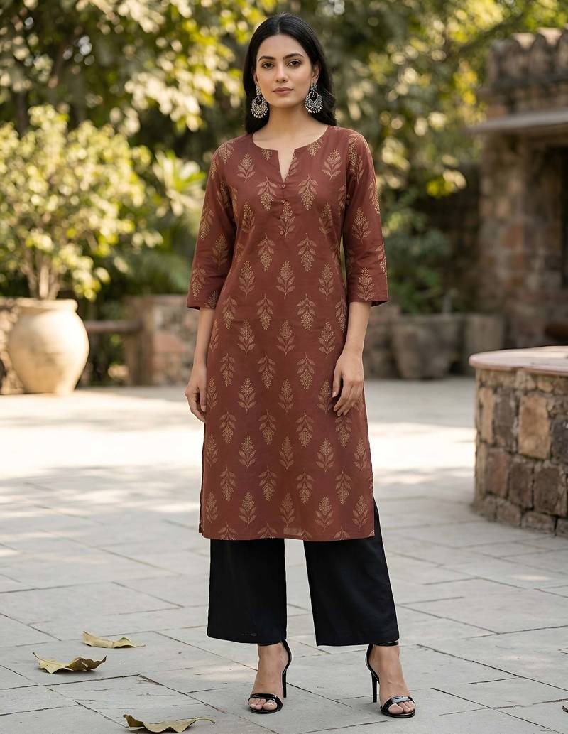Brown  pure cotton printed kurti for women