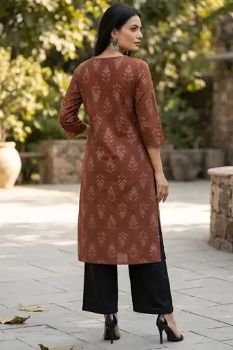 Brown  pure cotton printed kurti for women