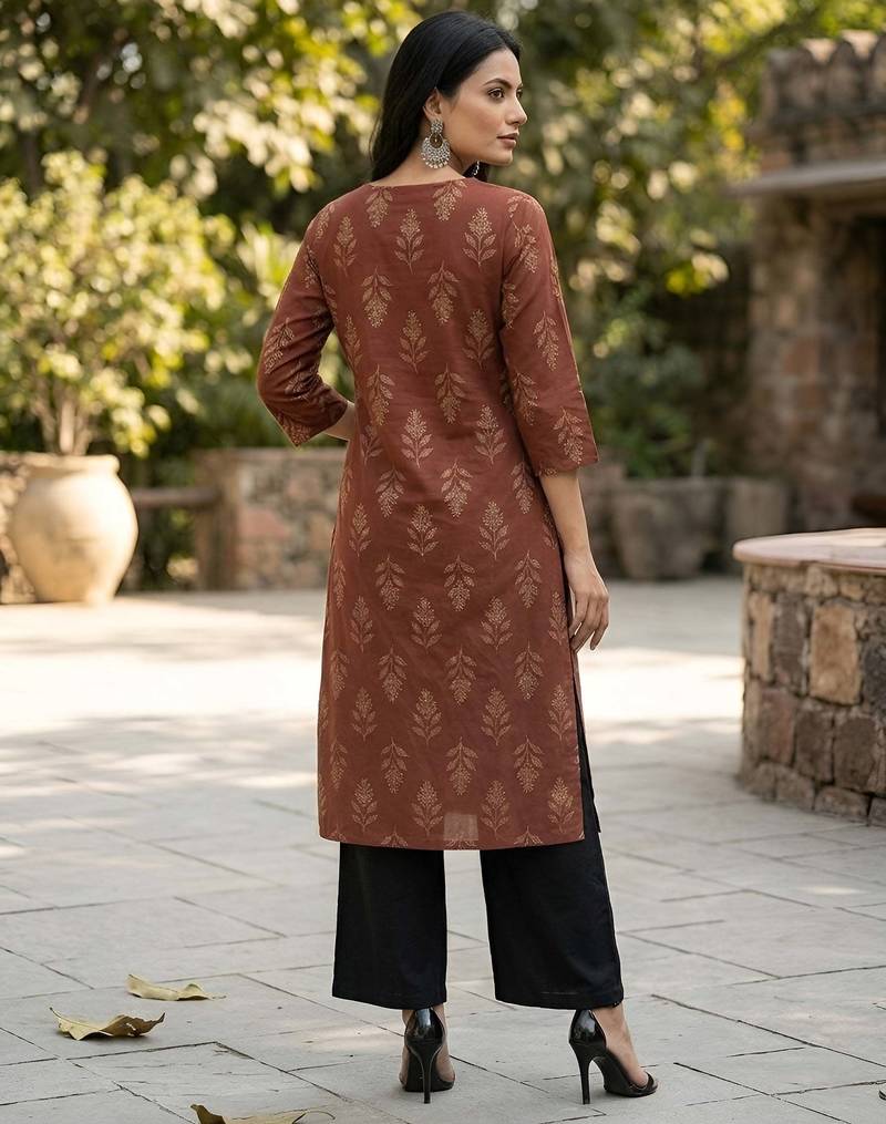 Brown  pure cotton printed kurti for women