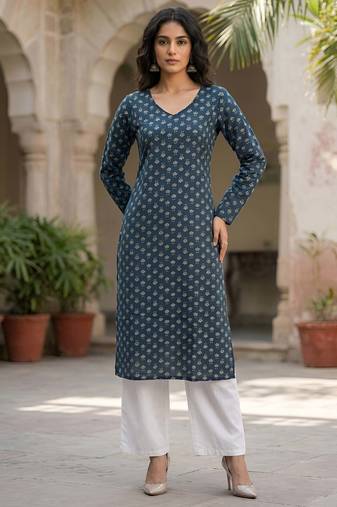 Blue  pure cotton printed kurti for women