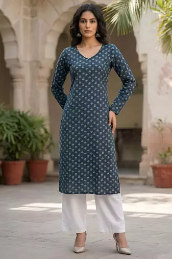 Blue  pure cotton printed kurti for women
