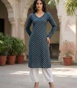 Blue  pure cotton printed kurti for women