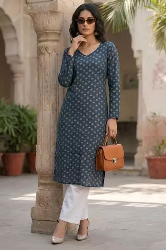 Blue  pure cotton printed kurti for women