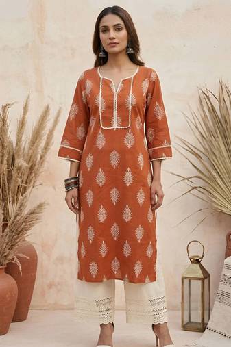 Rust  pure cotton printed kurti for women