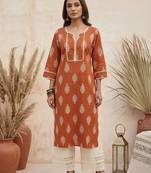 Rust  pure cotton printed kurti for women