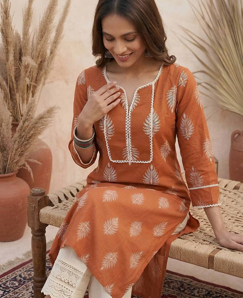 Rust  pure cotton printed kurti for women