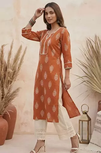 Rust  pure cotton printed kurti for women
