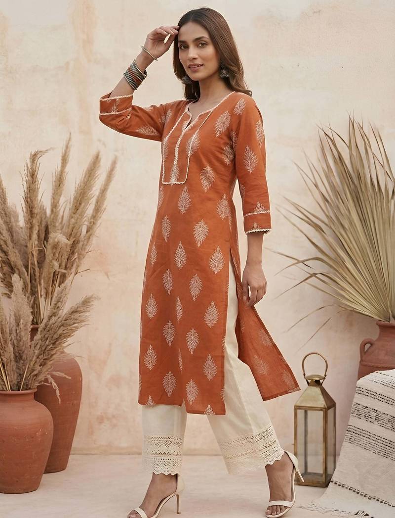 Rust  pure cotton printed kurti for women