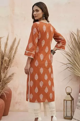 Rust  pure cotton printed kurti for women