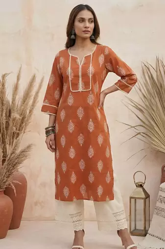 Rust  pure cotton printed kurti for women