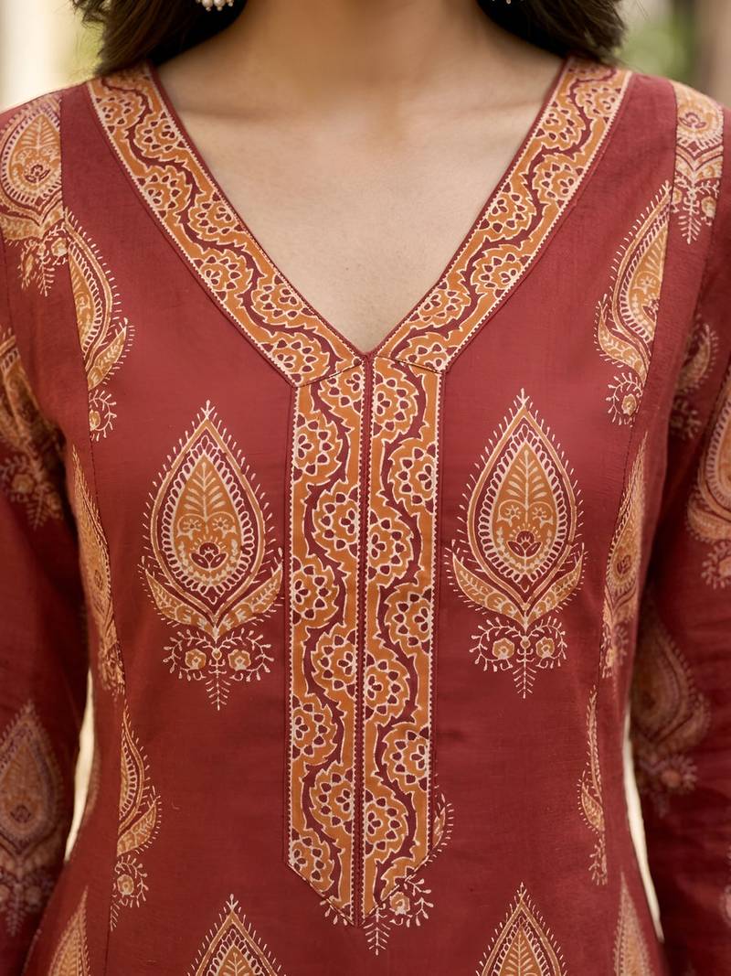 Maroon  pure cotton printed kurti for women