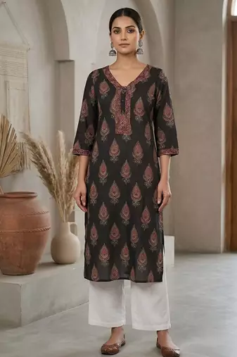Black  pure cotton printed kurti for women