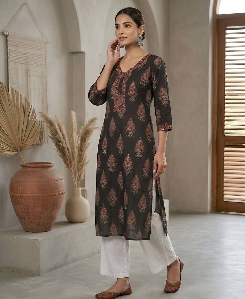 Black  pure cotton printed kurti for women