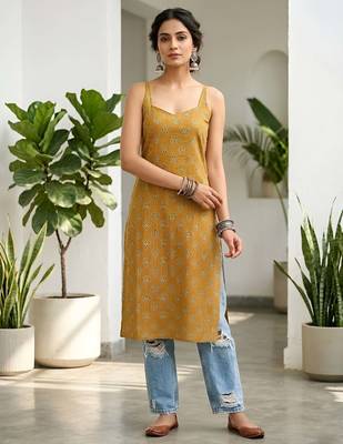 Mustard  pure cotton printed kurti for women 1