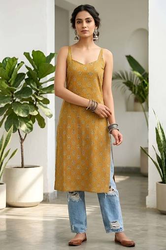 Mustard  pure cotton printed kurti for women