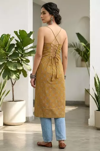 Mustard  pure cotton printed kurti for women