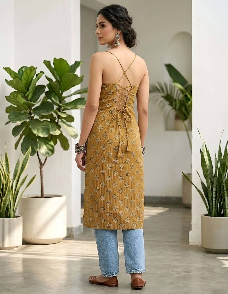 Mustard  pure cotton printed kurti for women