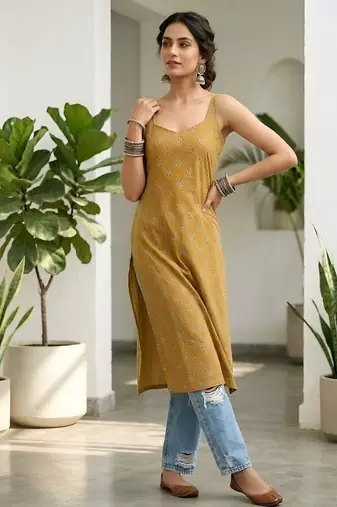 Mustard  pure cotton printed kurti for women