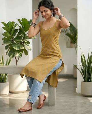 Mustard  pure cotton printed kurti for women 4