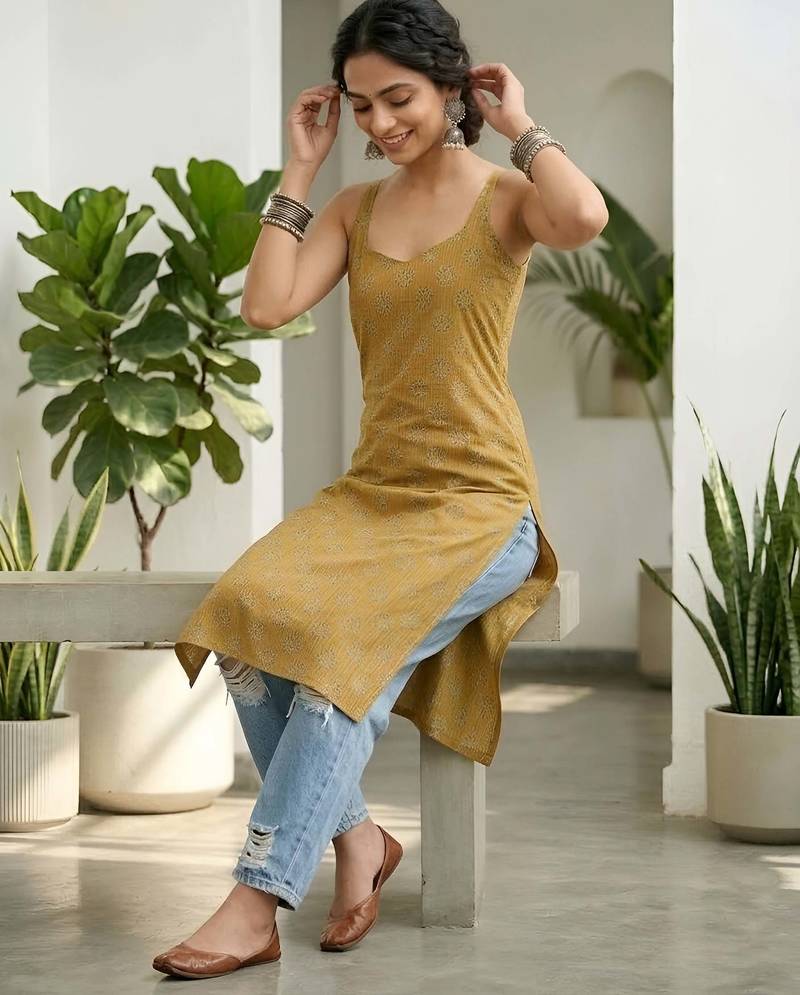 Mustard  pure cotton printed kurti for women