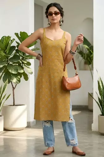Mustard  pure cotton printed kurti for women