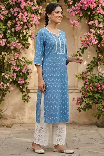 Blue  pure cotton printed kurti for women