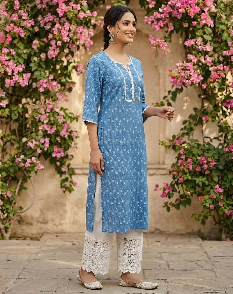 Blue  pure cotton printed kurti for women