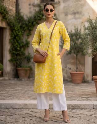 Yellow  pure cotton printed kurti for women 1