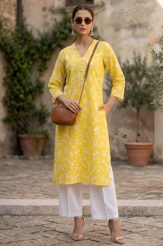 Yellow  pure cotton printed kurti for women