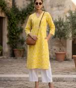 Yellow  pure cotton printed kurti for women
