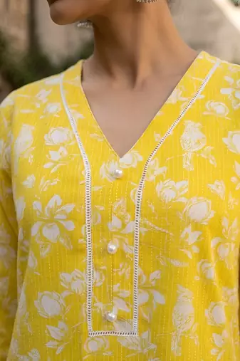 Yellow  pure cotton printed kurti for women