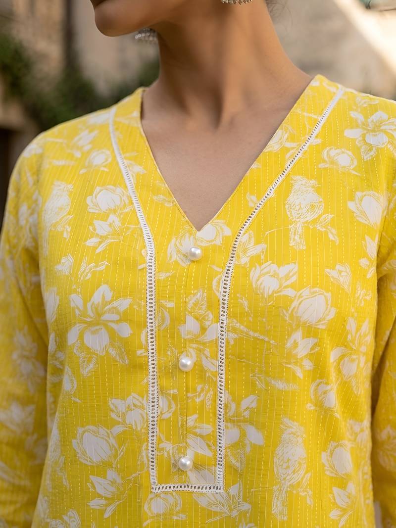 Yellow  pure cotton printed kurti for women